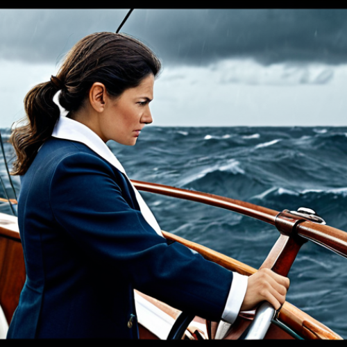 Navigating Change**

"A professional businesswoman at the helm of a ship, adjusting the sails to navigate through a stormy sea representing global business challenges, fully clothed in appropriate nautical attire, safe for work, perfect anatomy, natural proportions, professional illustration, family-friendly, modest clothing."

**