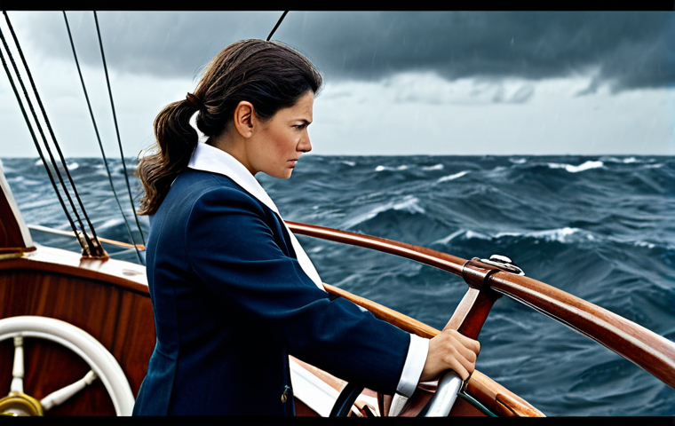 Navigating Change**

"A professional businesswoman at the helm of a ship, adjusting the sails to navigate through a stormy sea representing global business challenges, fully clothed in appropriate nautical attire, safe for work, perfect anatomy, natural proportions, professional illustration, family-friendly, modest clothing."

**