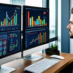 **Data-Driven Decision Making:** A professional analyst, fully clothed in appropriate business attire, reviews complex data visualizations on multiple screens in a modern office. Emphasize charts and graphs illustrating market trends. Safe for work, appropriate content, professional, perfect anatomy, correct proportions, well-formed hands, proper finger count, natural pose.