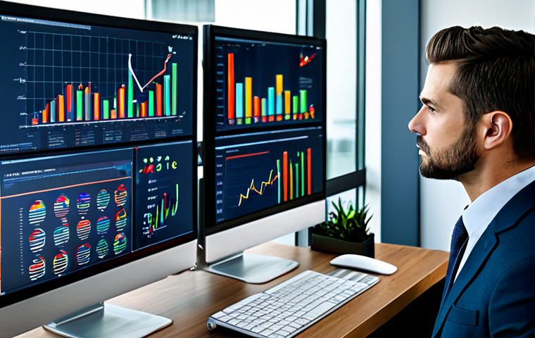 **Data-Driven Decision Making:** A professional analyst, fully clothed in appropriate business attire, reviews complex data visualizations on multiple screens in a modern office. Emphasize charts and graphs illustrating market trends. Safe for work, appropriate content, professional, perfect anatomy, correct proportions, well-formed hands, proper finger count, natural pose.